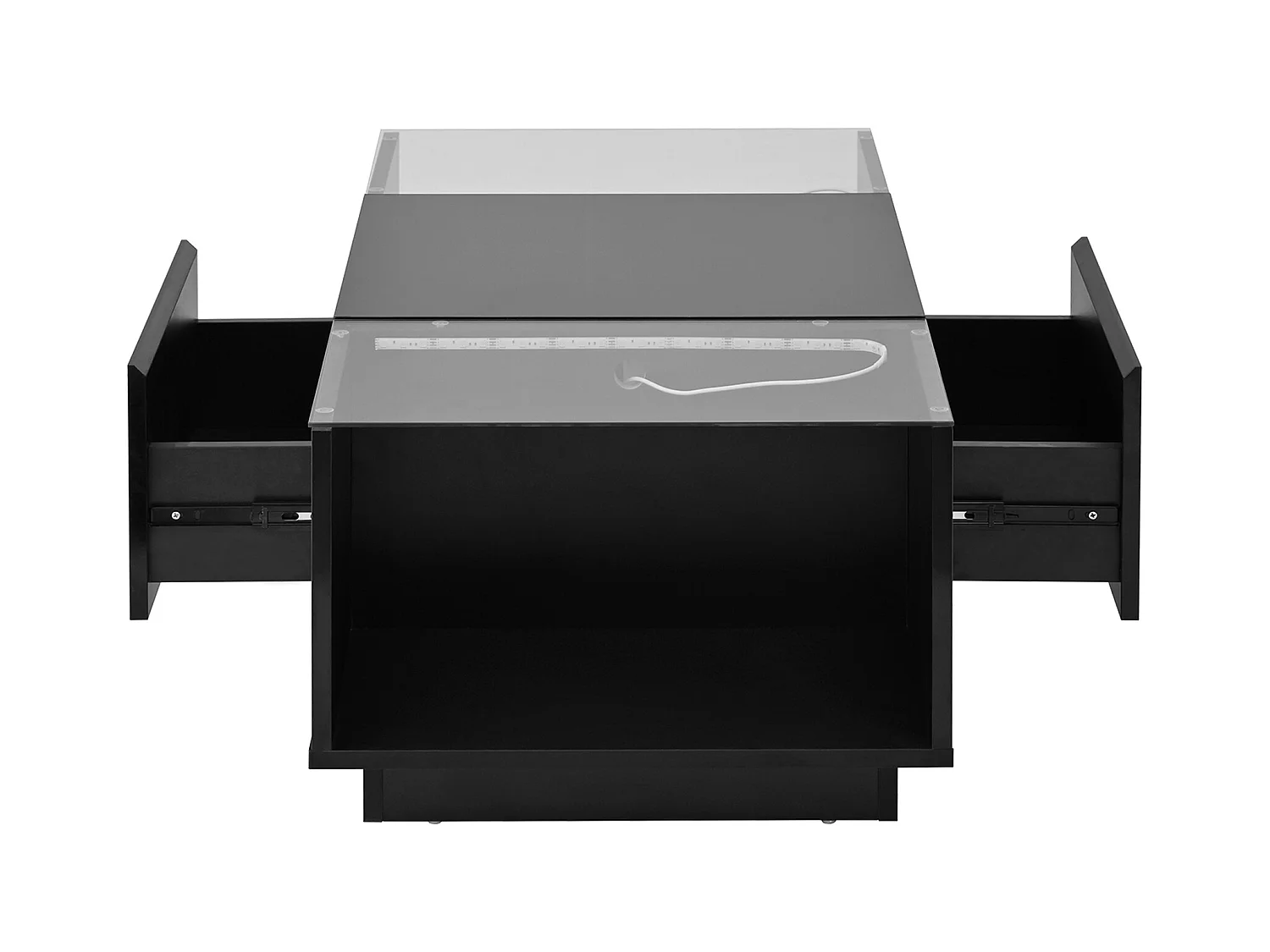Table basse noire avec 2 tiroirs, éclairage LED et plateau en verre 105x50x35cm