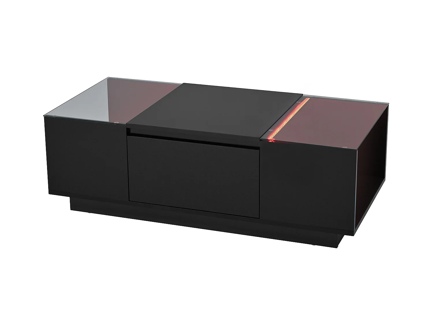 Table basse noire avec 2 tiroirs, éclairage LED et plateau en verre 105x50x35cm
