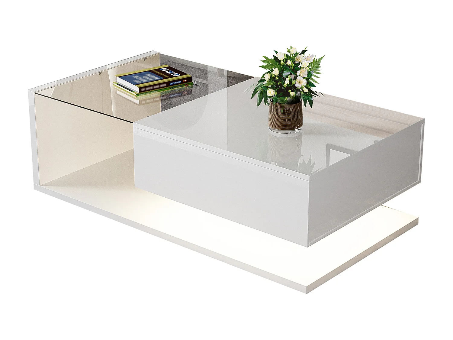 Table basse blanche brillante avec tiroir et LED, plateau en verre 105x55x32,5cm