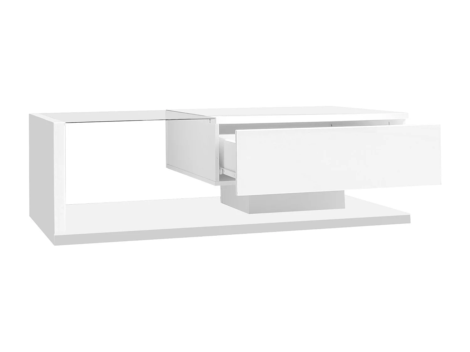 Table basse blanche brillante avec tiroir et LED, plateau en verre 105x55x32,5cm