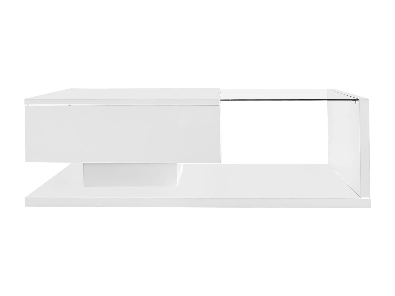 Table basse blanche brillante avec tiroir et LED, plateau en verre 105x55x32,5cm