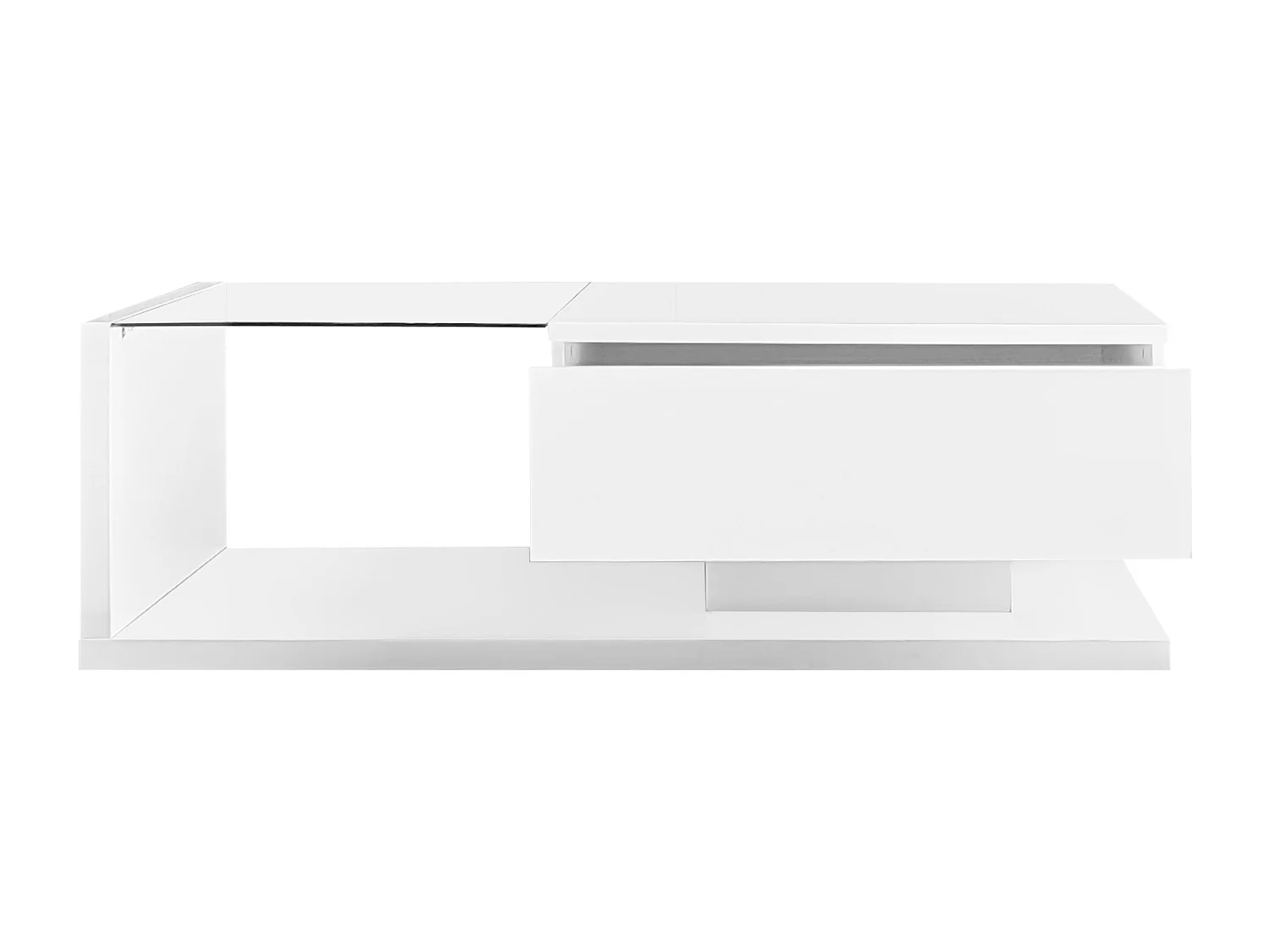 Table basse blanche brillante avec tiroir et LED, plateau en verre 105x55x32,5cm