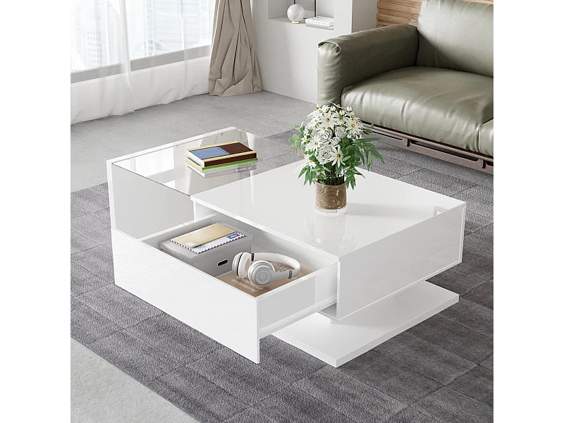 Table basse blanche brillante avec tiroir et LED, plateau en verre 105x55x32,5cm