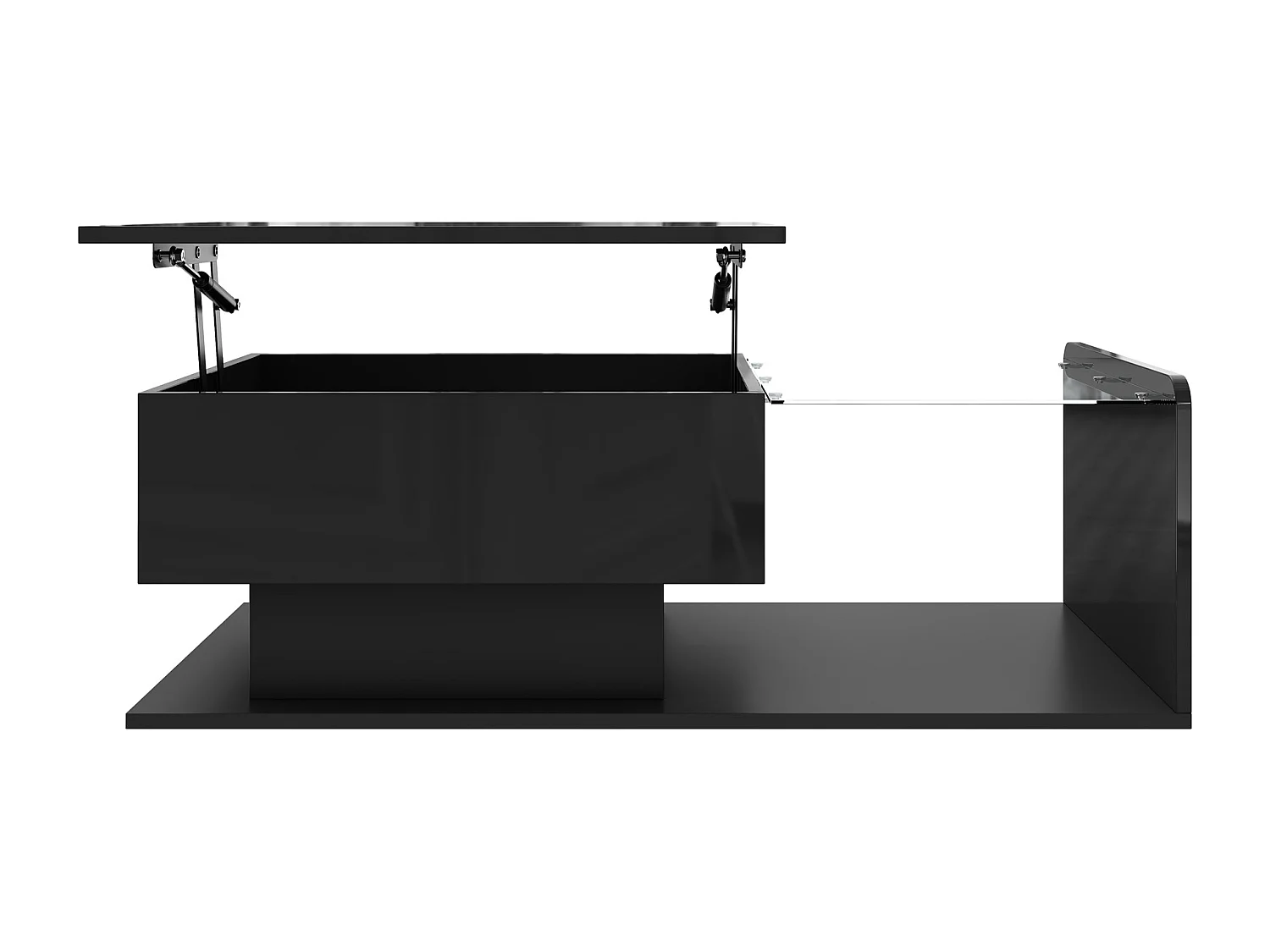 Tavolino da caffè nero sollevabile con LED, piano in vetro e contenitore 100x50x33/47,5cm