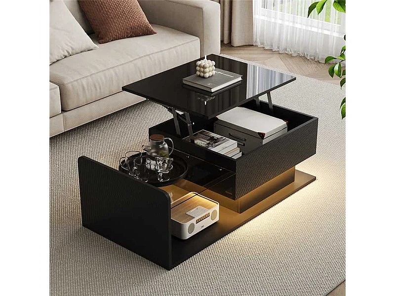 Tavolino da caffè nero sollevabile con LED, piano in vetro e contenitore 100x50x33/47,5cm