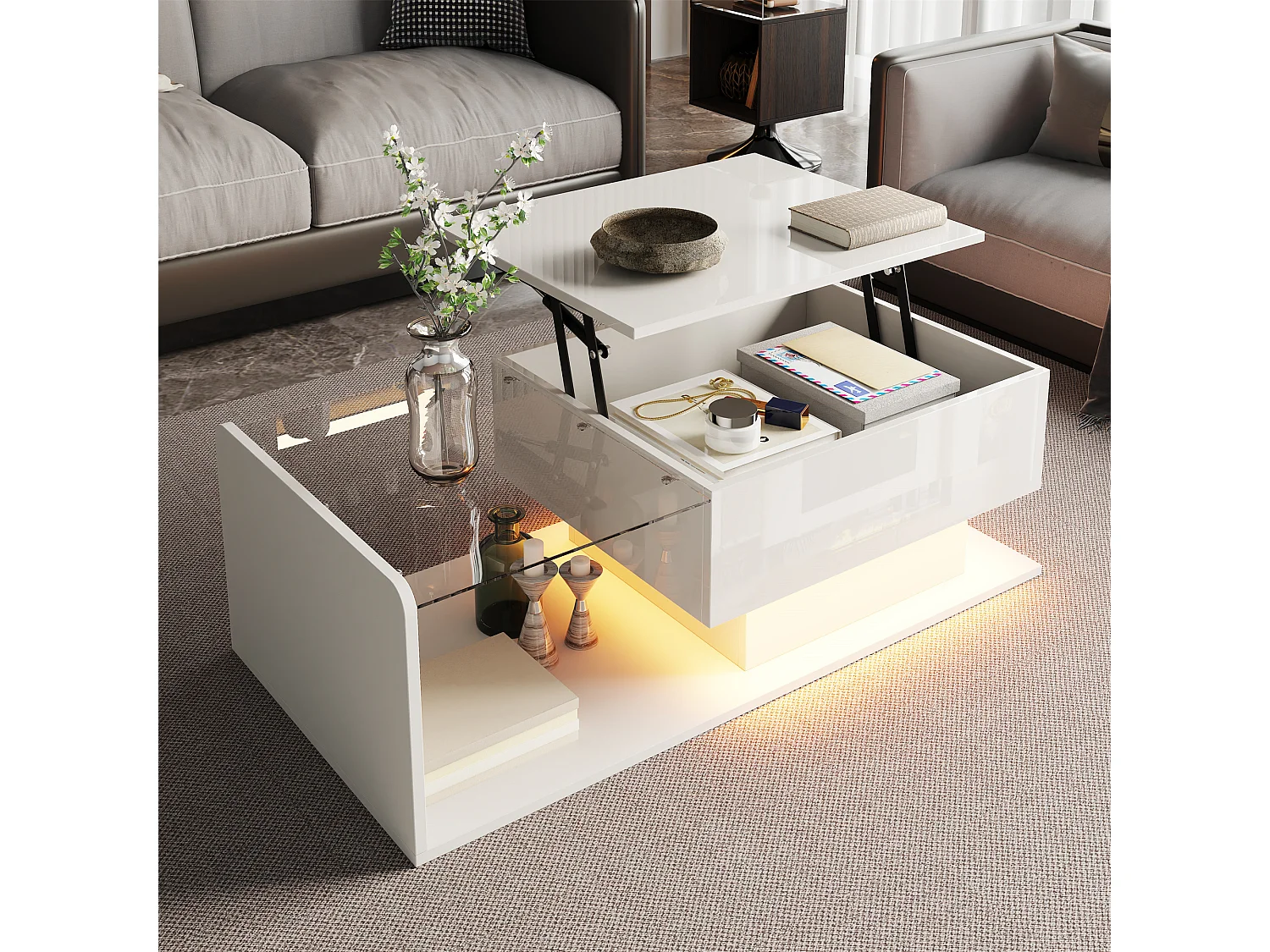 Mesa de centro elevable blanca con LED, tapa de cristal y almacenaje 100x50x33/47,5cm