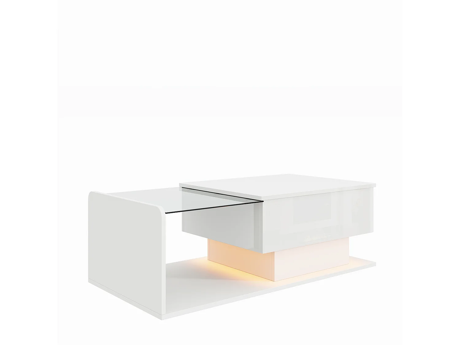 Mesa de centro elevable blanca con LED, tapa de cristal y almacenaje 100x50x33/47,5cm