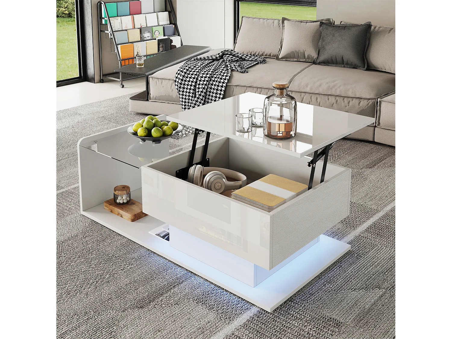 Mesa de centro elevable blanca con LED, tapa de cristal y almacenaje 100x50x33/47,5cm