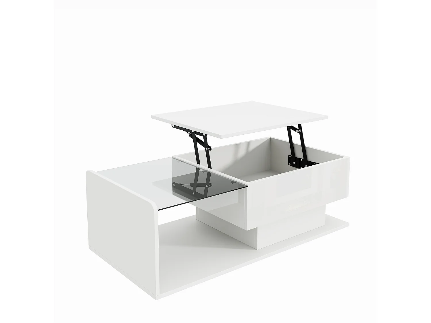 Mesa de centro elevable blanca con LED, tapa de cristal y almacenaje 100x50x33/47,5cm