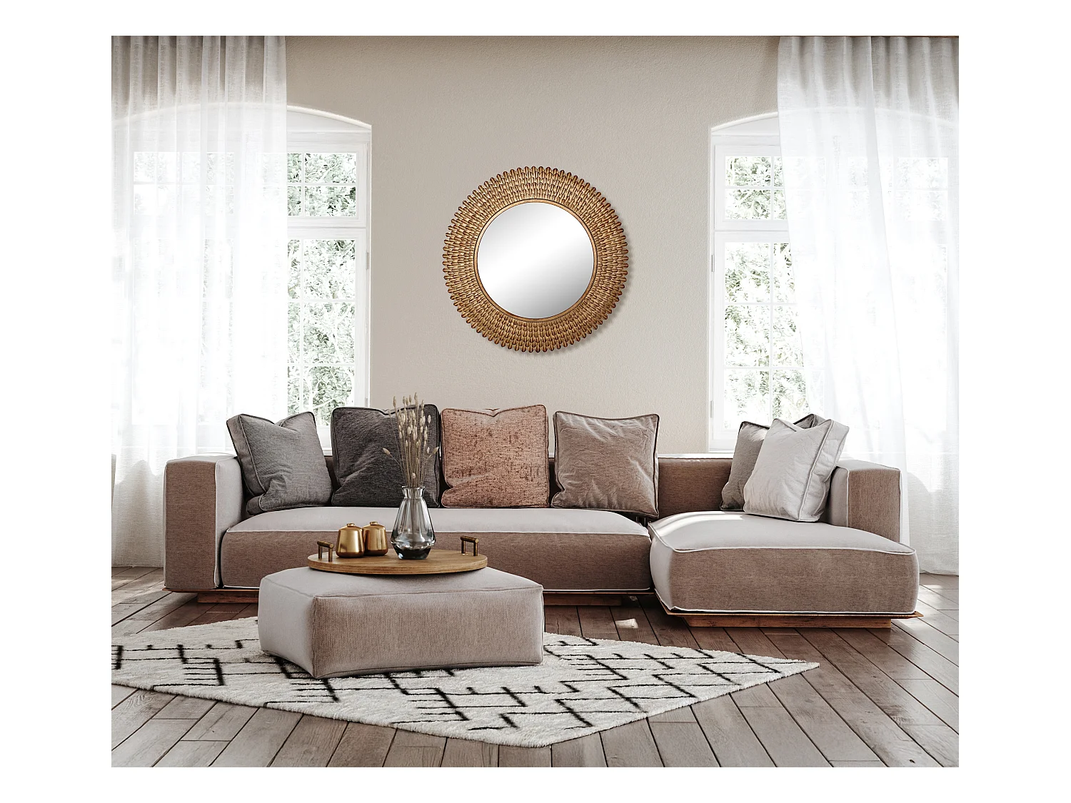 Miroir rond plumes métal doré patiné 76cm