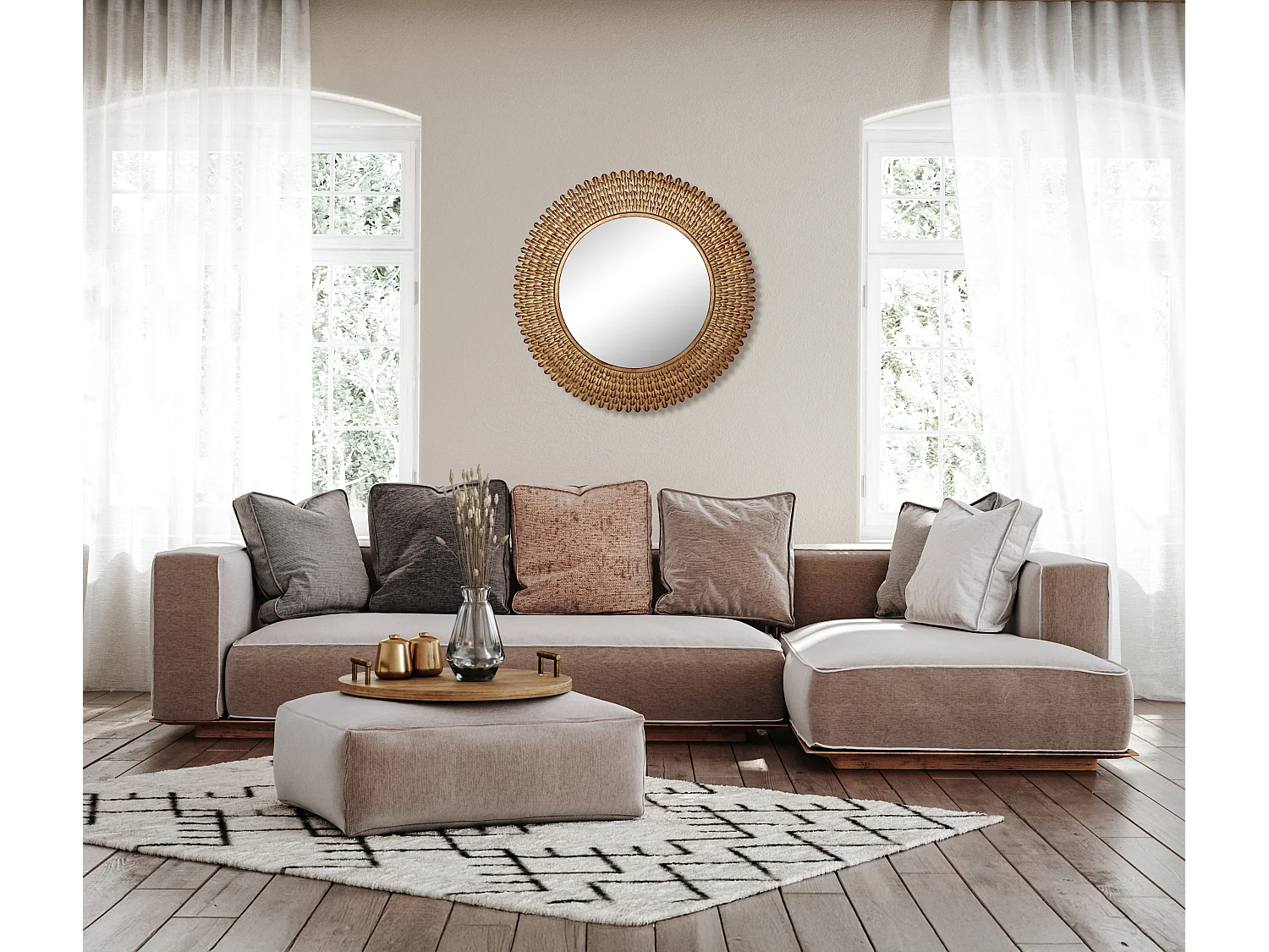 Miroir rond plumes métal doré patiné 76cm