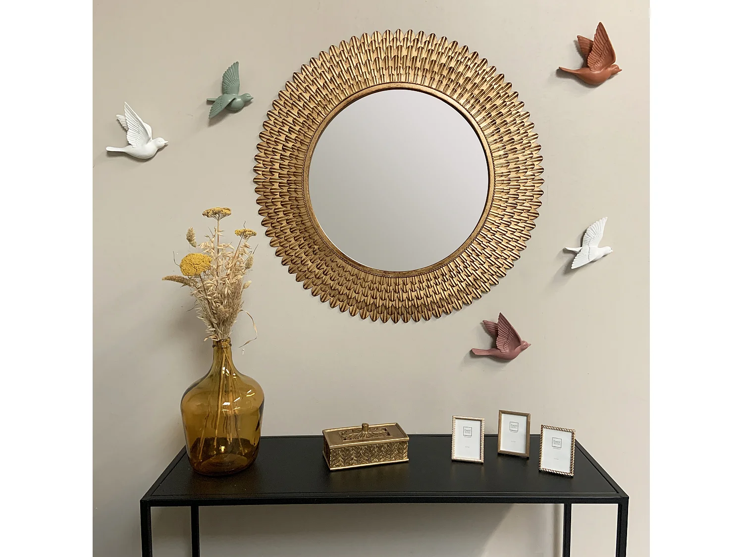 Miroir rond plumes métal doré patiné 76cm