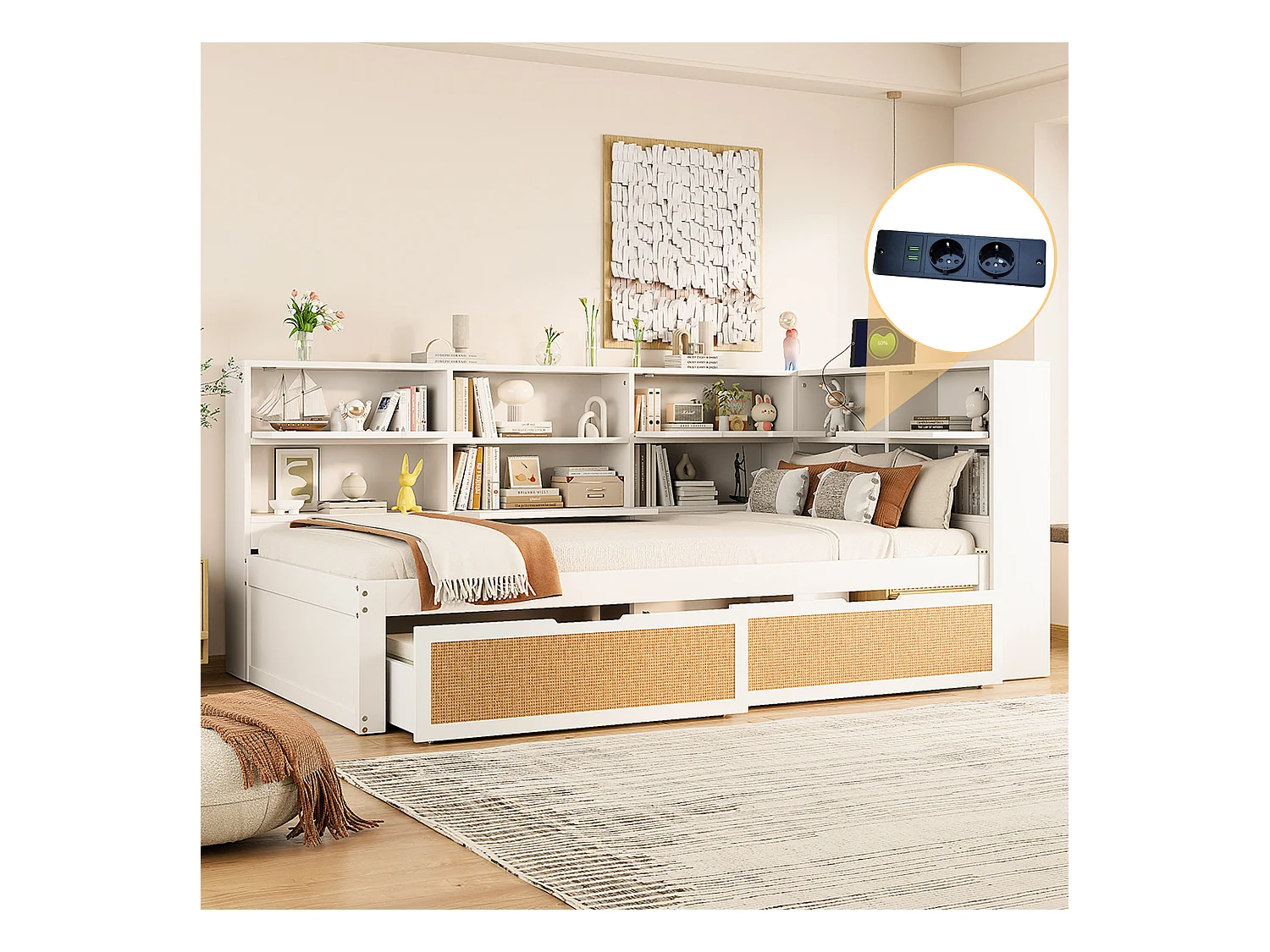 Lit banquette enfant blanc et bois 90x200cm avec tiroirs, multiples rangements et port de charge (sans matelas)