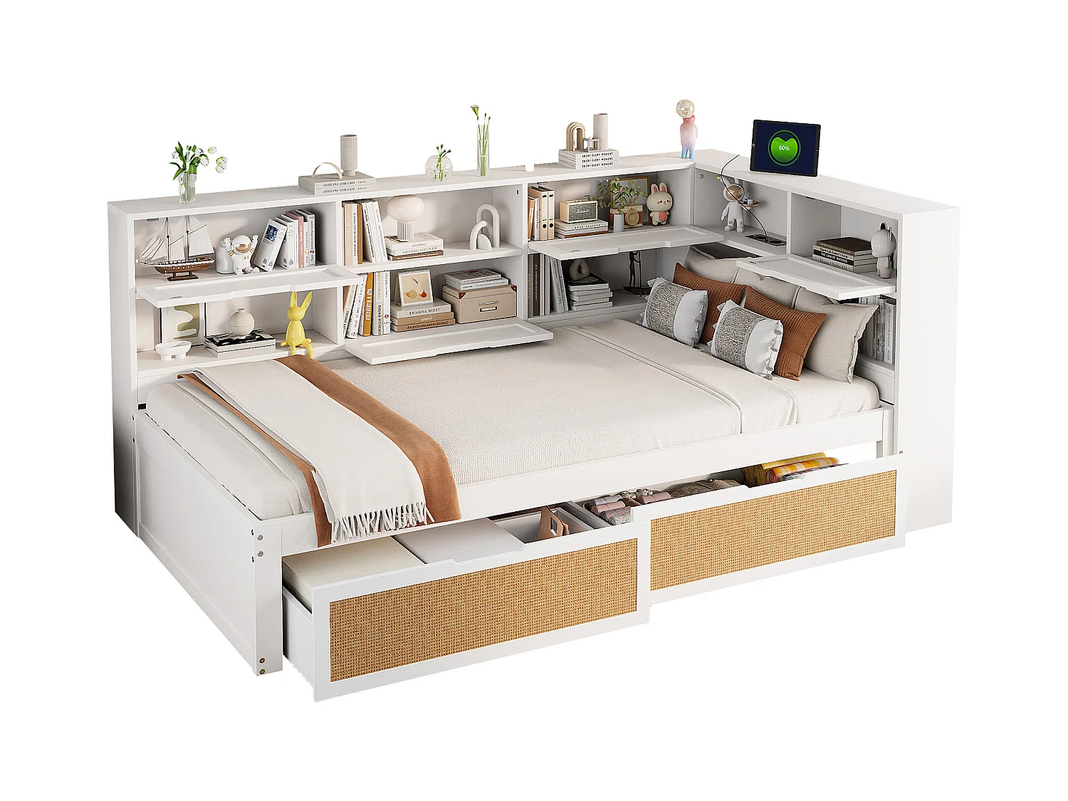 Lit banquette enfant blanc et bois 90x200cm avec tiroirs, multiples rangements et port de charge (sans matelas)