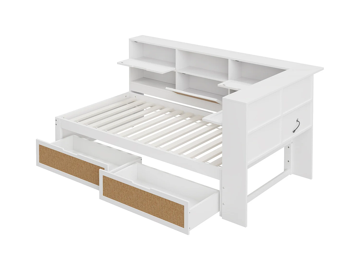 Lit banquette enfant blanc et bois 90x200cm avec tiroirs, multiples rangements et port de charge (sans matelas)