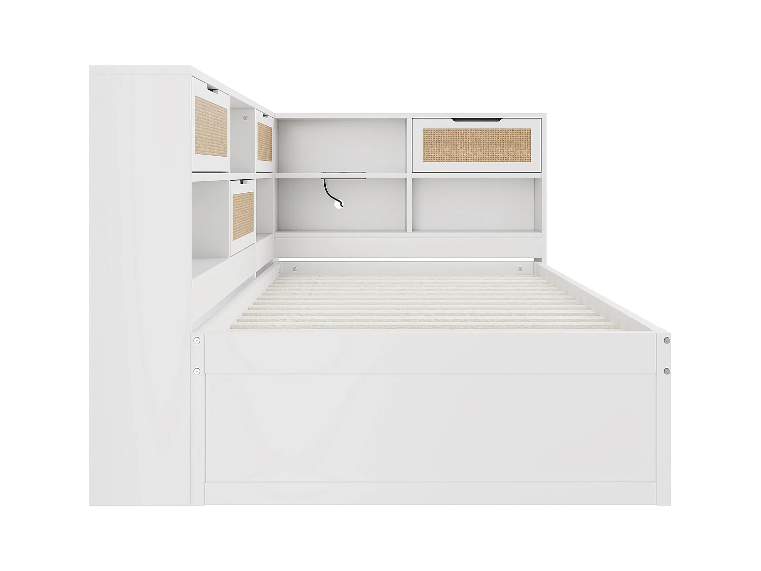 Lit banquette enfant blanc et bois 90x200cm avec tiroirs, multiples rangements et port de charge (sans matelas)