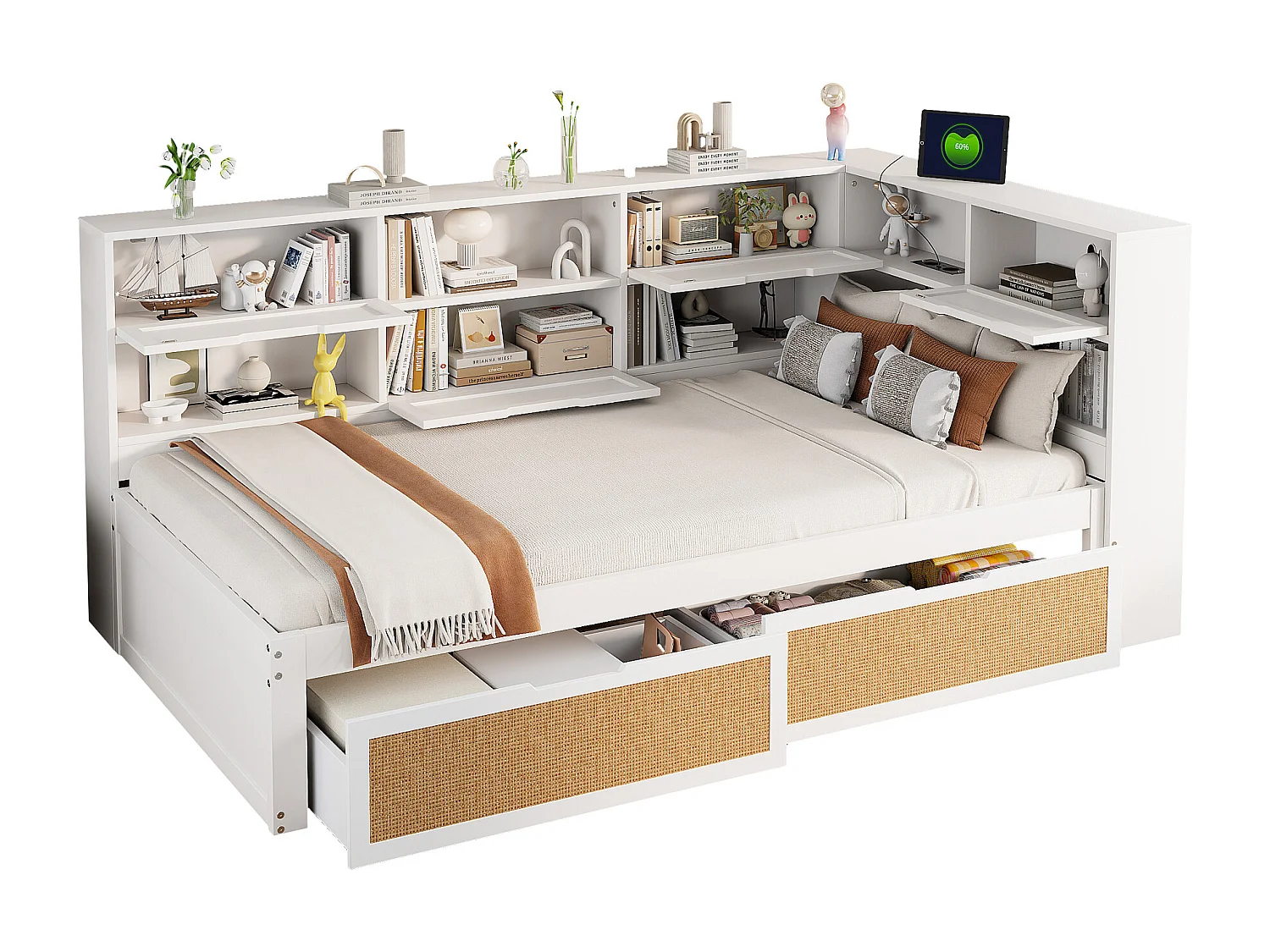 Lit banquette enfant blanc et bois 90x200cm avec tiroirs, multiples rangements et port de charge (sans matelas)