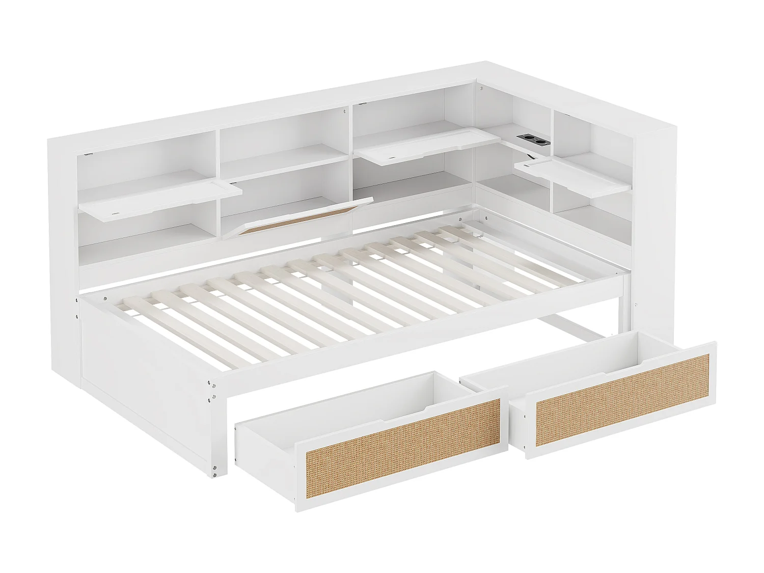 Lit banquette enfant blanc et bois 90x200cm avec tiroirs, multiples rangements et port de charge (sans matelas)