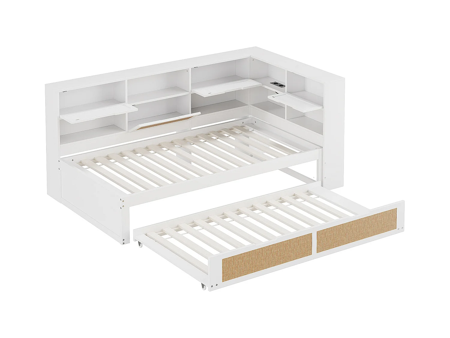 Lit banquette enfant blanc et bois 90x200cm avec lit gigogne 90x190cm , multiples rangements et port de charge (sans matelas)