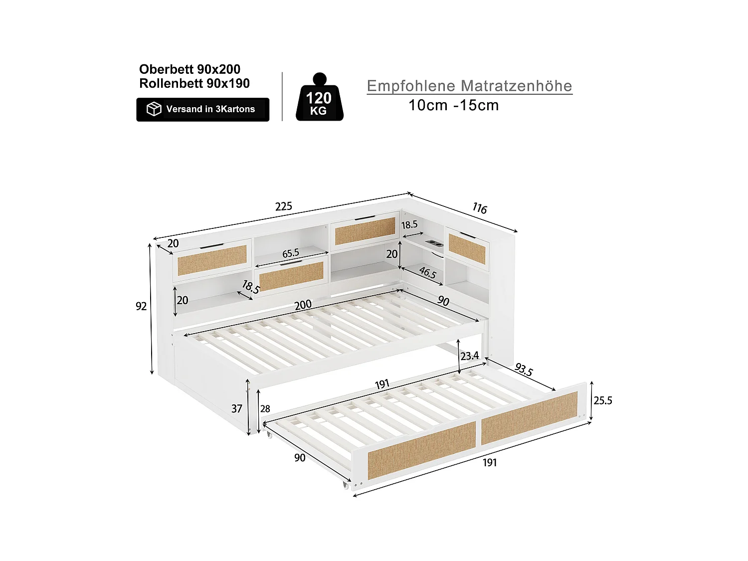 Lit banquette enfant blanc et bois 90x200cm avec lit gigogne 90x190cm , multiples rangements et port de charge (sans matelas)