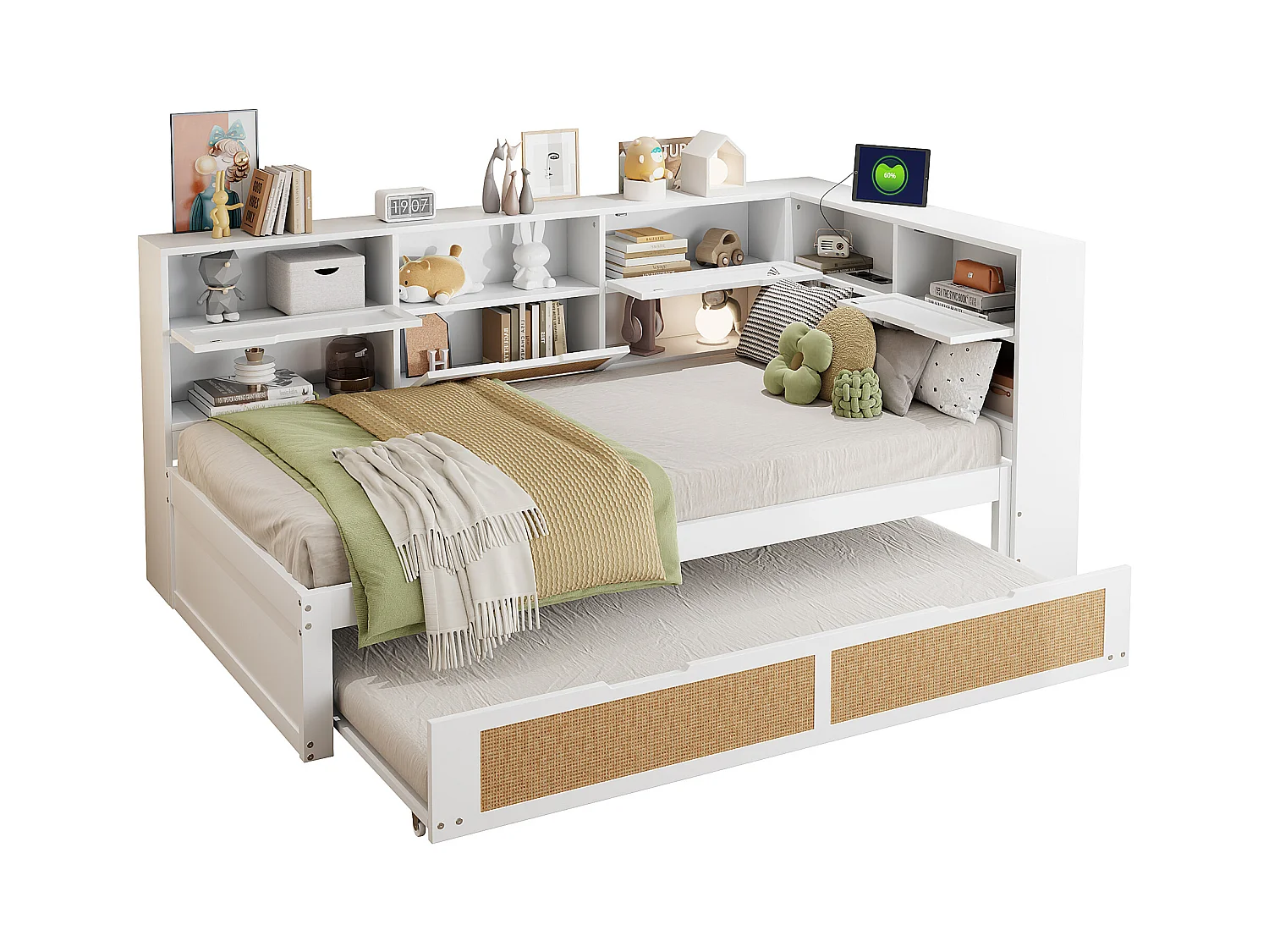 Lit banquette enfant blanc et bois 90x200cm avec lit gigogne 90x190cm , multiples rangements et port de charge (sans matelas)