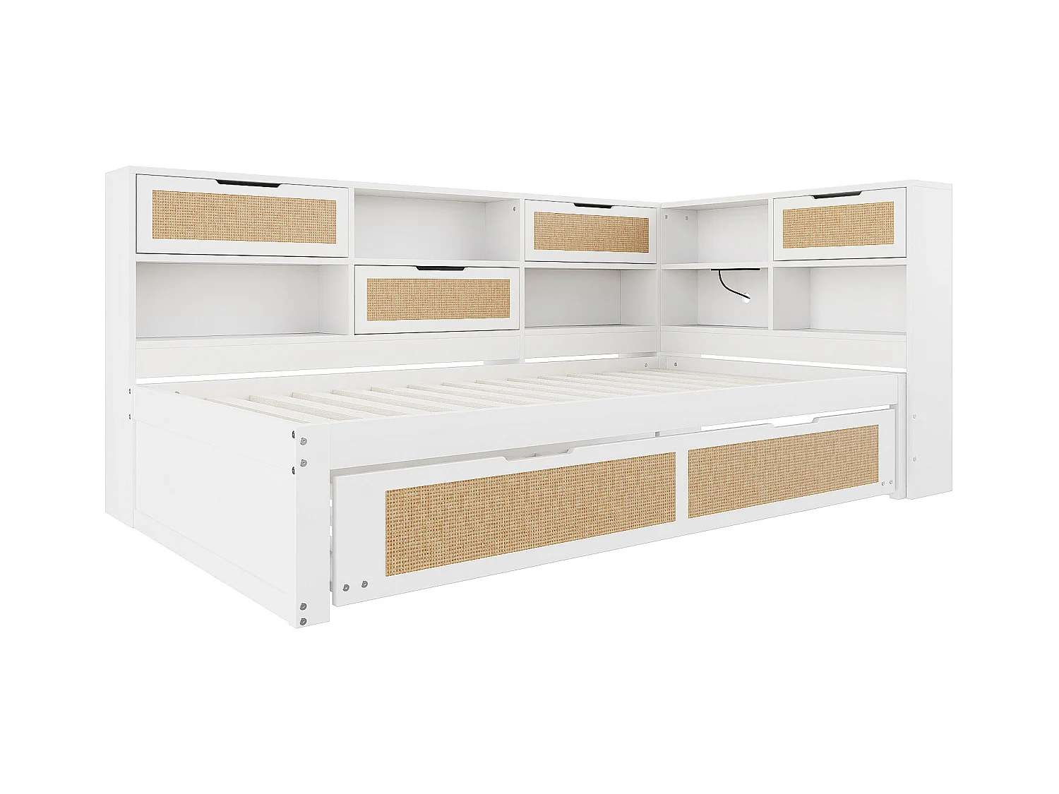 Lit banquette enfant blanc et bois 90x200cm avec lit gigogne 90x190cm , multiples rangements et port de charge (sans matelas)