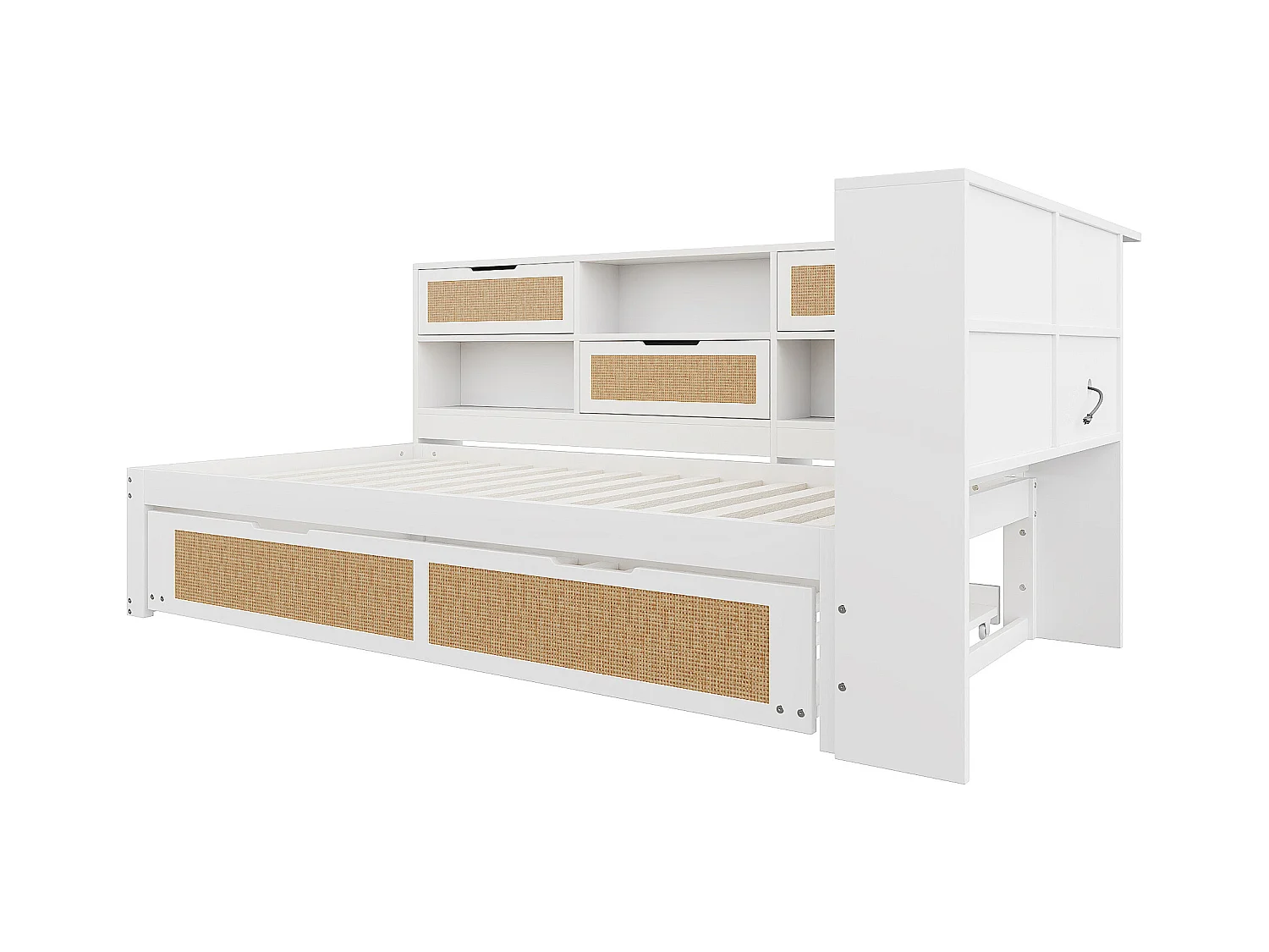 Lit banquette enfant blanc et bois 90x200cm avec lit gigogne 90x190cm , multiples rangements et port de charge (sans matelas)
