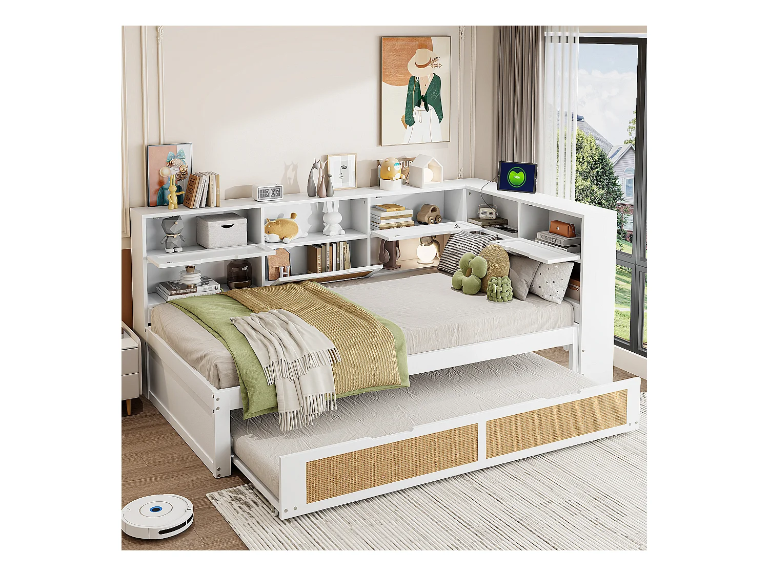 Lit banquette enfant blanc et bois 90x200cm avec lit gigogne 90x190cm , multiples rangements et port de charge (sans matelas)