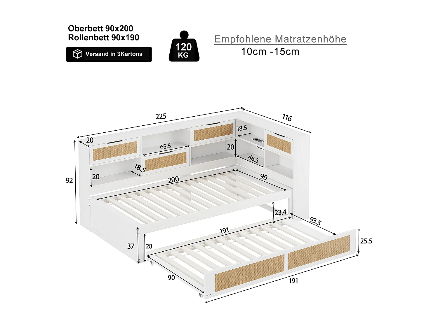 Lit banquette enfant blanc et bois 90x200cm avec lit gigogne 90x190cm , multiples rangements et port de charge (sans matelas)