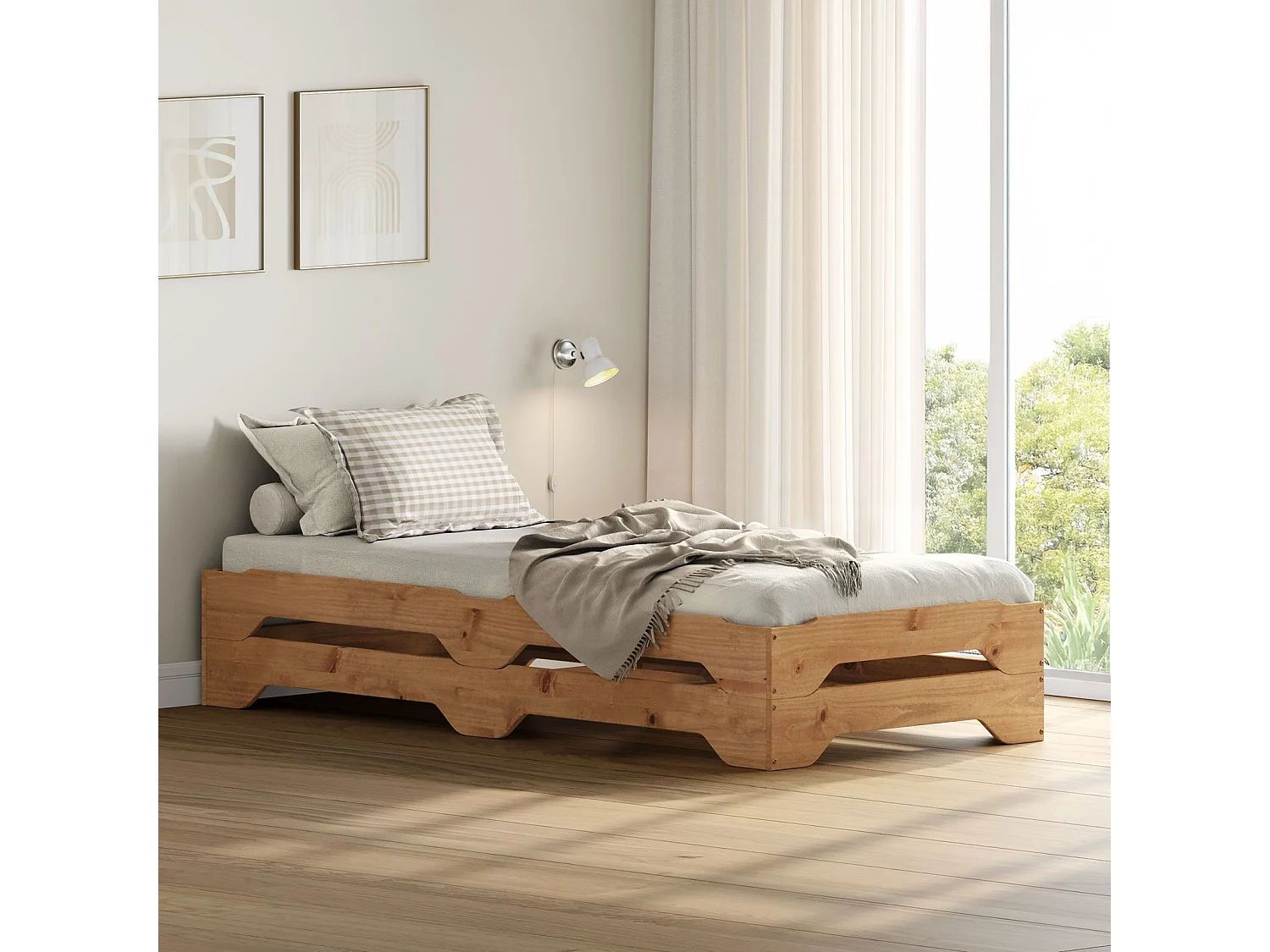 Lot de 2 lits superposables RONNY 90 x 200 cm coloris chêne couchage supplémentaire fonctionnel en pin massif