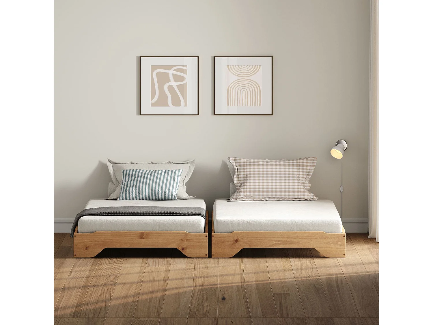 Lot de 2 lits superposables RONNY 90 x 200 cm coloris chêne couchage supplémentaire fonctionnel en pin massif