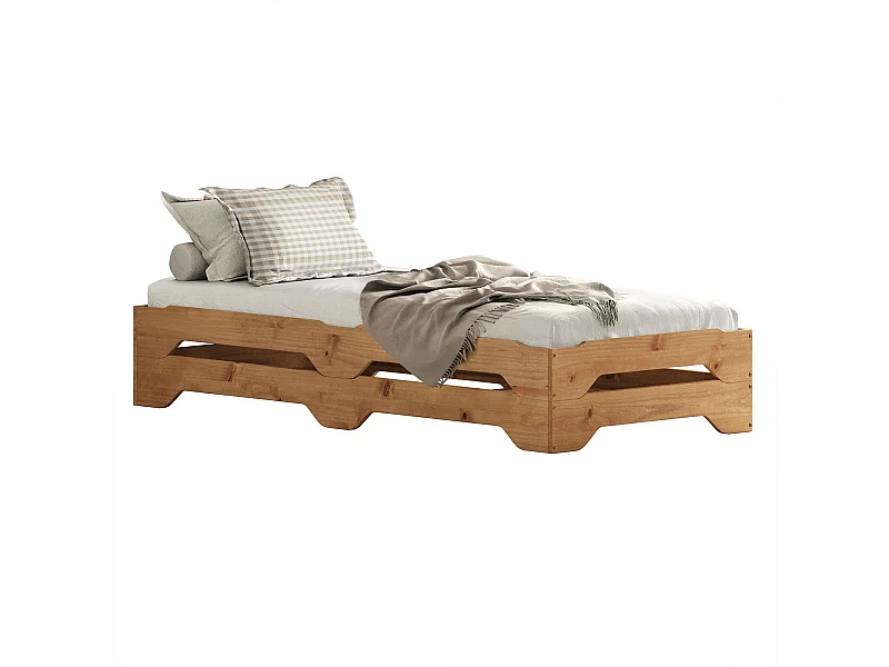 Lot de 2 lits superposables RONNY 90 x 200 cm coloris chêne couchage supplémentaire fonctionnel en pin massif