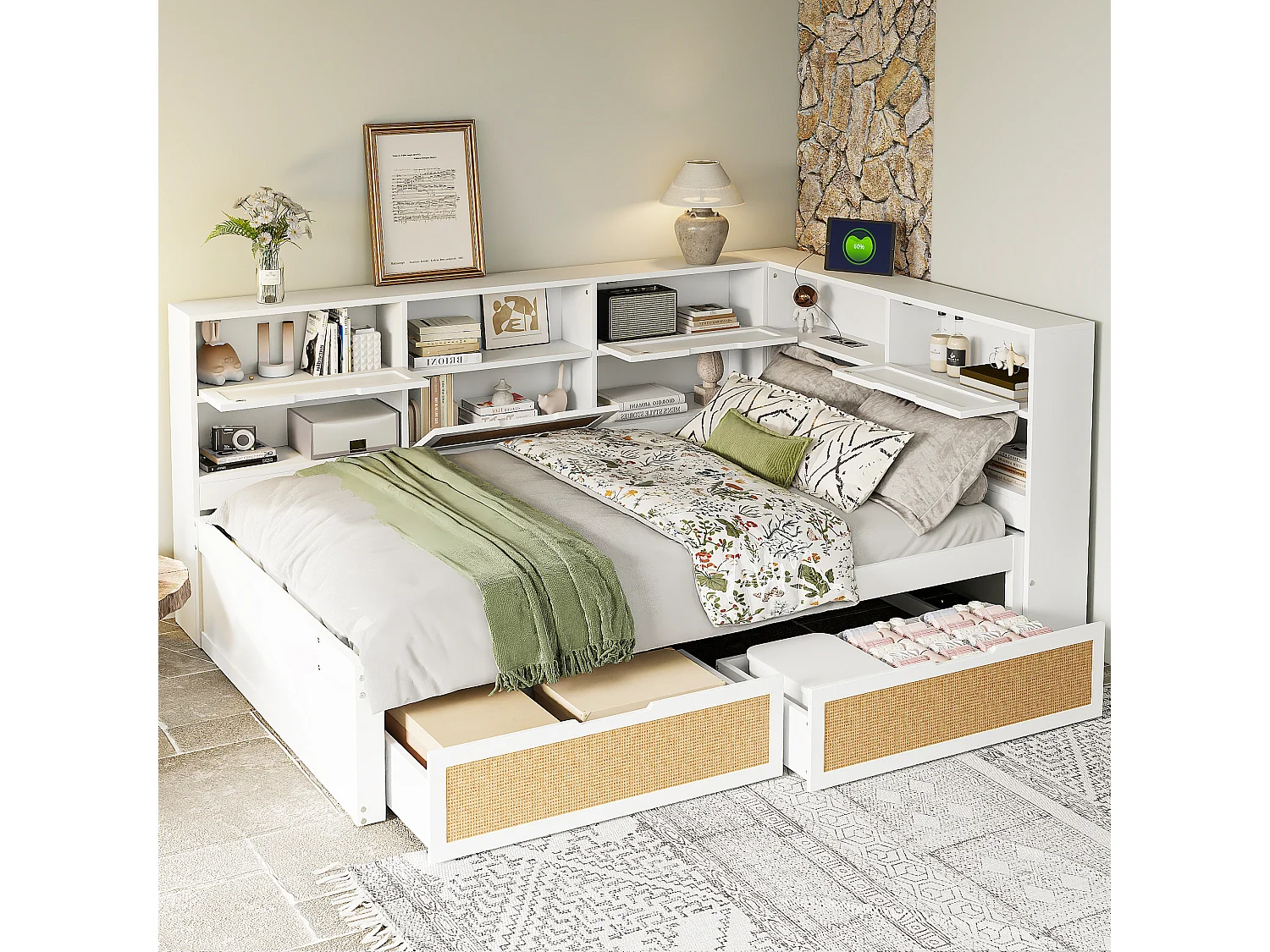 Lit banquette blanc et bois 140x200cm avec tiroirs, multiples rangements et port de charge (sans matelas)