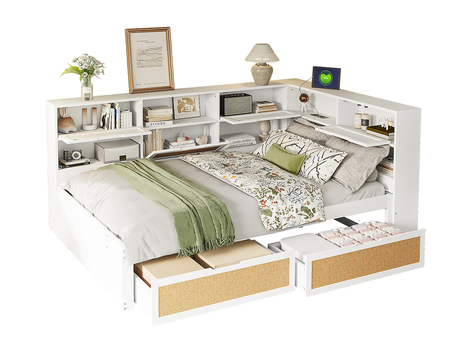 Lit banquette blanc et bois 140x200cm avec tiroirs, multiples rangements et port de charge (sans matelas)