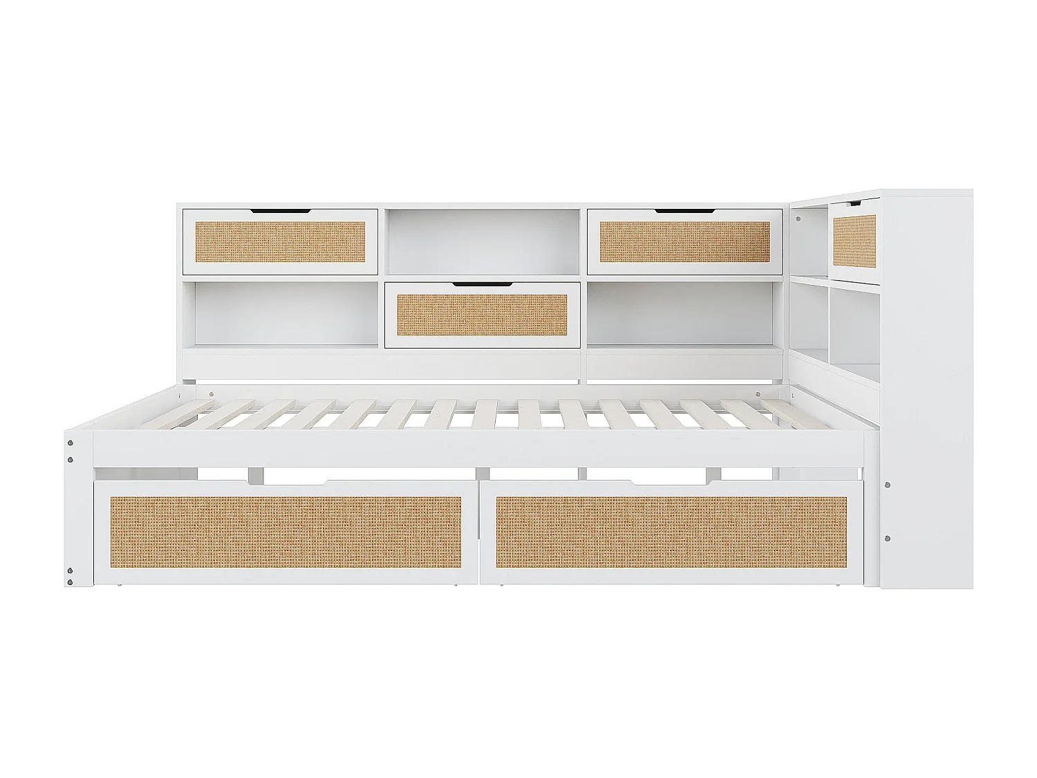 Lit banquette blanc et bois 140x200cm avec tiroirs, multiples rangements et port de charge (sans matelas)
