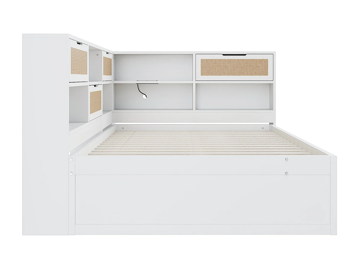 Lit banquette blanc et bois 140x200cm avec tiroirs, multiples rangements et port de charge (sans matelas)