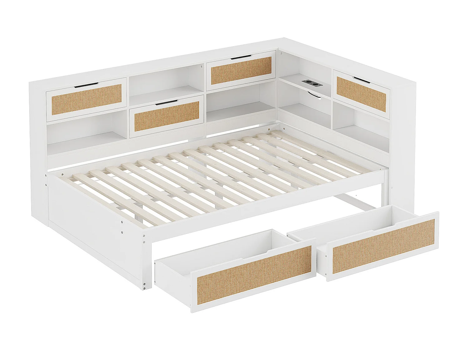 Lit banquette blanc et bois 140x200cm avec tiroirs, multiples rangements et port de charge (sans matelas)
