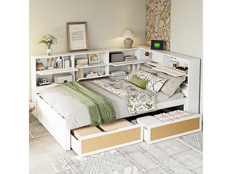 Lit banquette blanc et bois 140x200cm avec tiroirs, multiples rangements et port de charge (sans matelas)