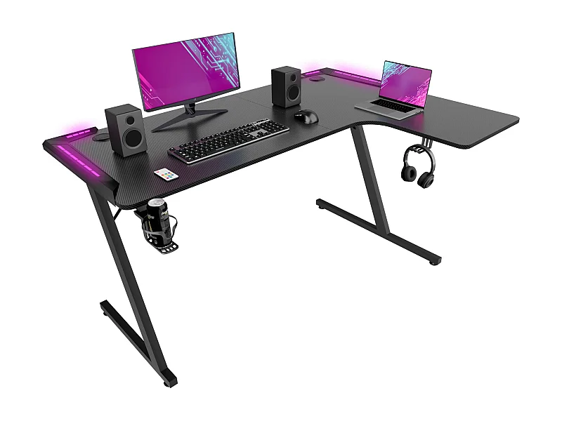 Shigeru - Scrivania da Gaming Angolare 140x99x76 cm con LED in MDF e Metallo Nero