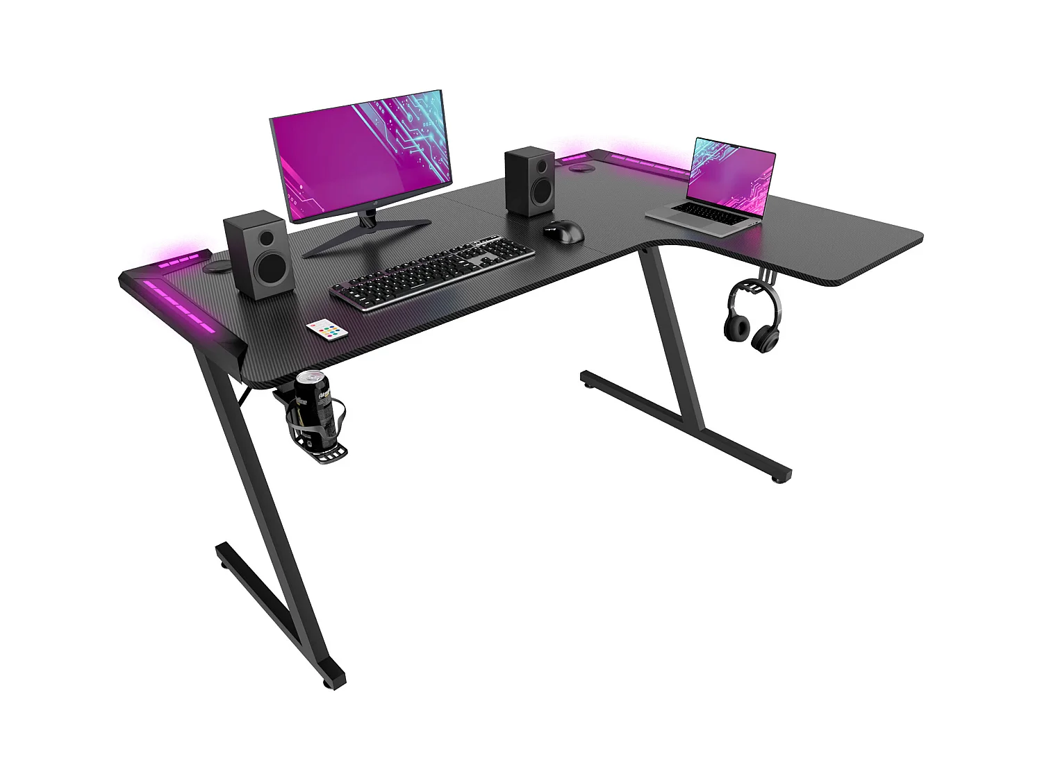 Shigeru - Escritorio Gaming Esquinero 140x99x76 cm con LED en MDF y Metal Negro