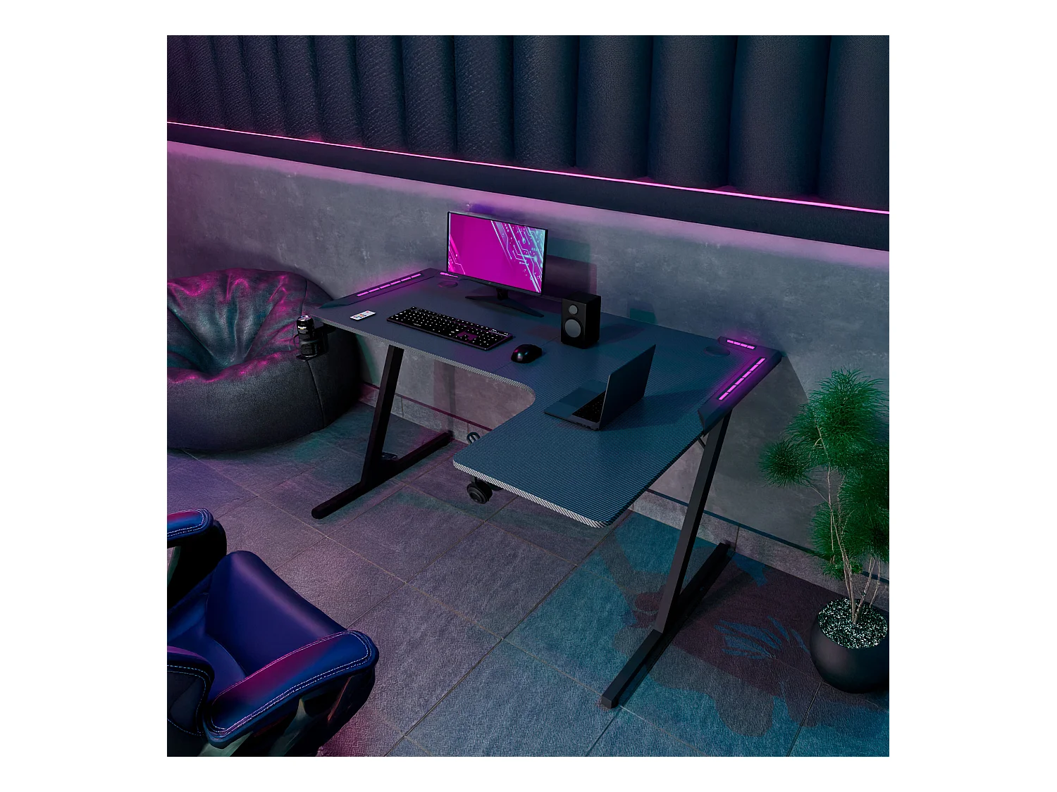 Shigeru - Escritorio Gaming Esquinero 140x99x76 cm con LED en MDF y Metal Negro