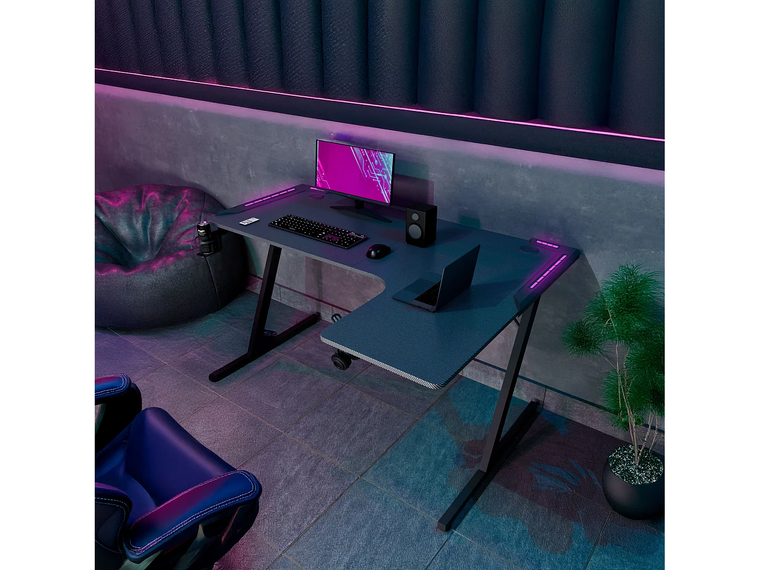 Shigeru - Secretária Gaming em L 140x99x76 cm com LED em MDF e Metal Preto