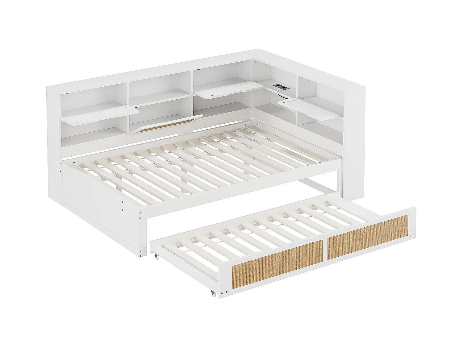 Lit banquette blanc et bois 140x200cm avec lit gigogne 90x190cm , multiples rangements et port de charge (sans matelas)