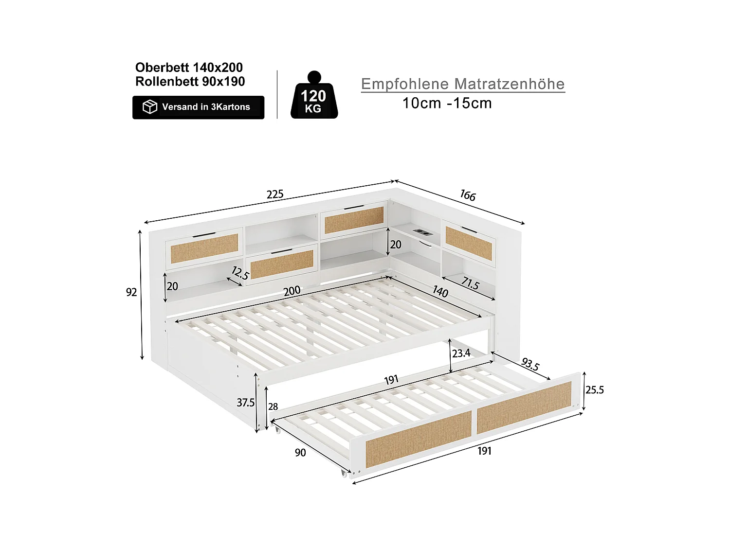 Lit banquette blanc et bois 140x200cm avec lit gigogne 90x190cm , multiples rangements et port de charge (sans matelas)