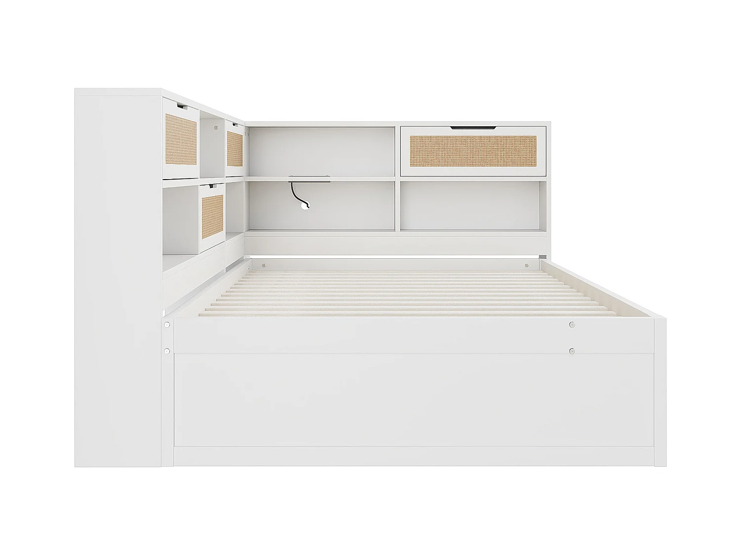 Lit banquette blanc et bois 140x200cm avec lit gigogne 90x190cm , multiples rangements et port de charge (sans matelas)