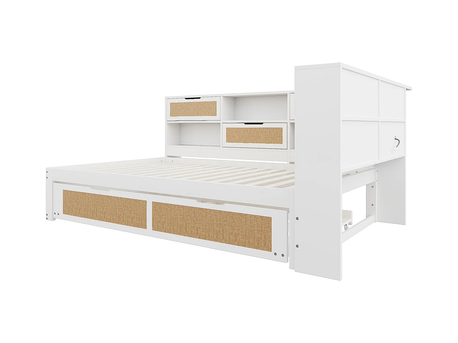 Lit banquette blanc et bois 140x200cm avec lit gigogne 90x190cm , multiples rangements et port de charge (sans matelas)