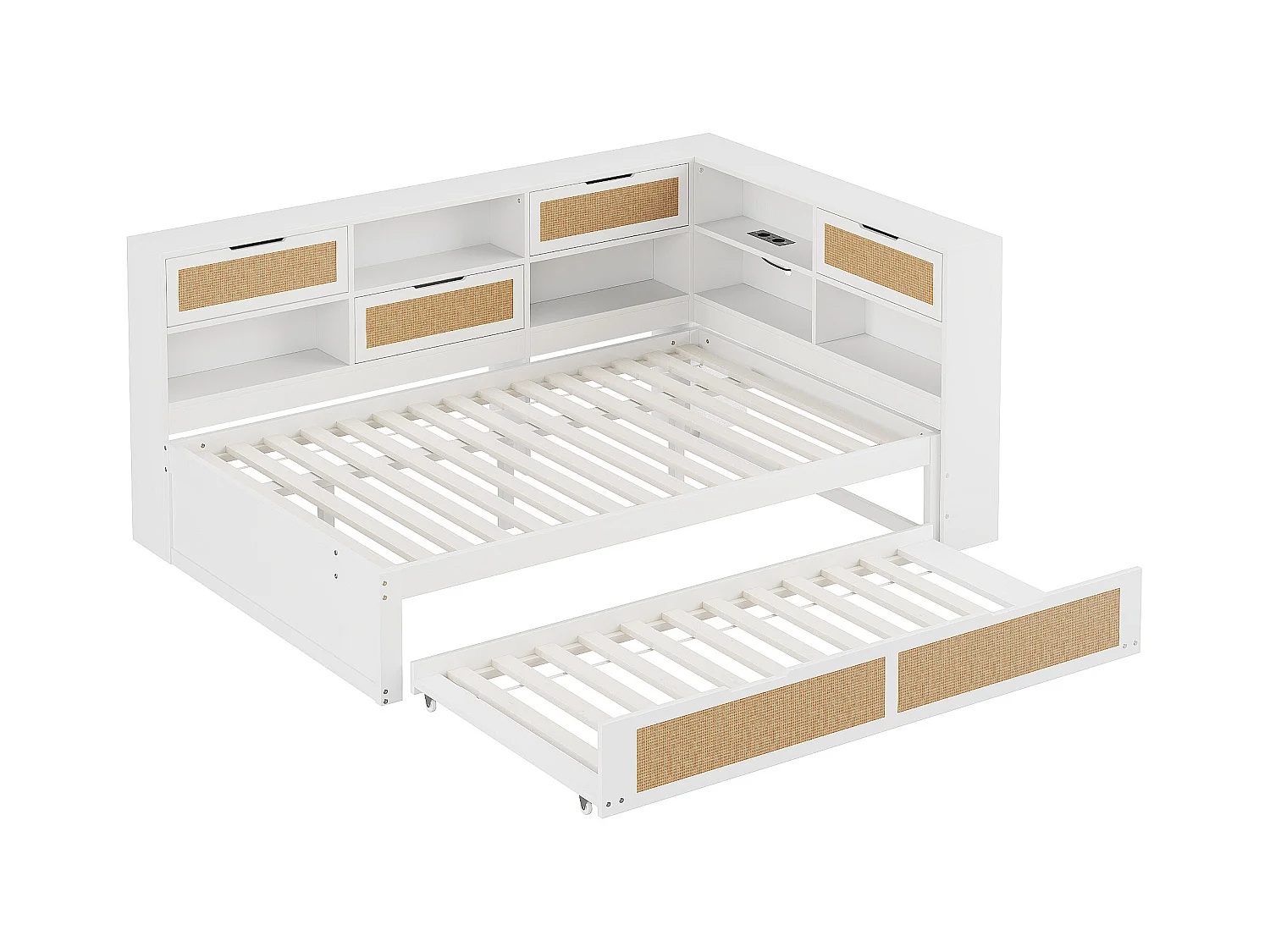 Lit banquette blanc et bois 140x200cm avec lit gigogne 90x190cm , multiples rangements et port de charge (sans matelas)