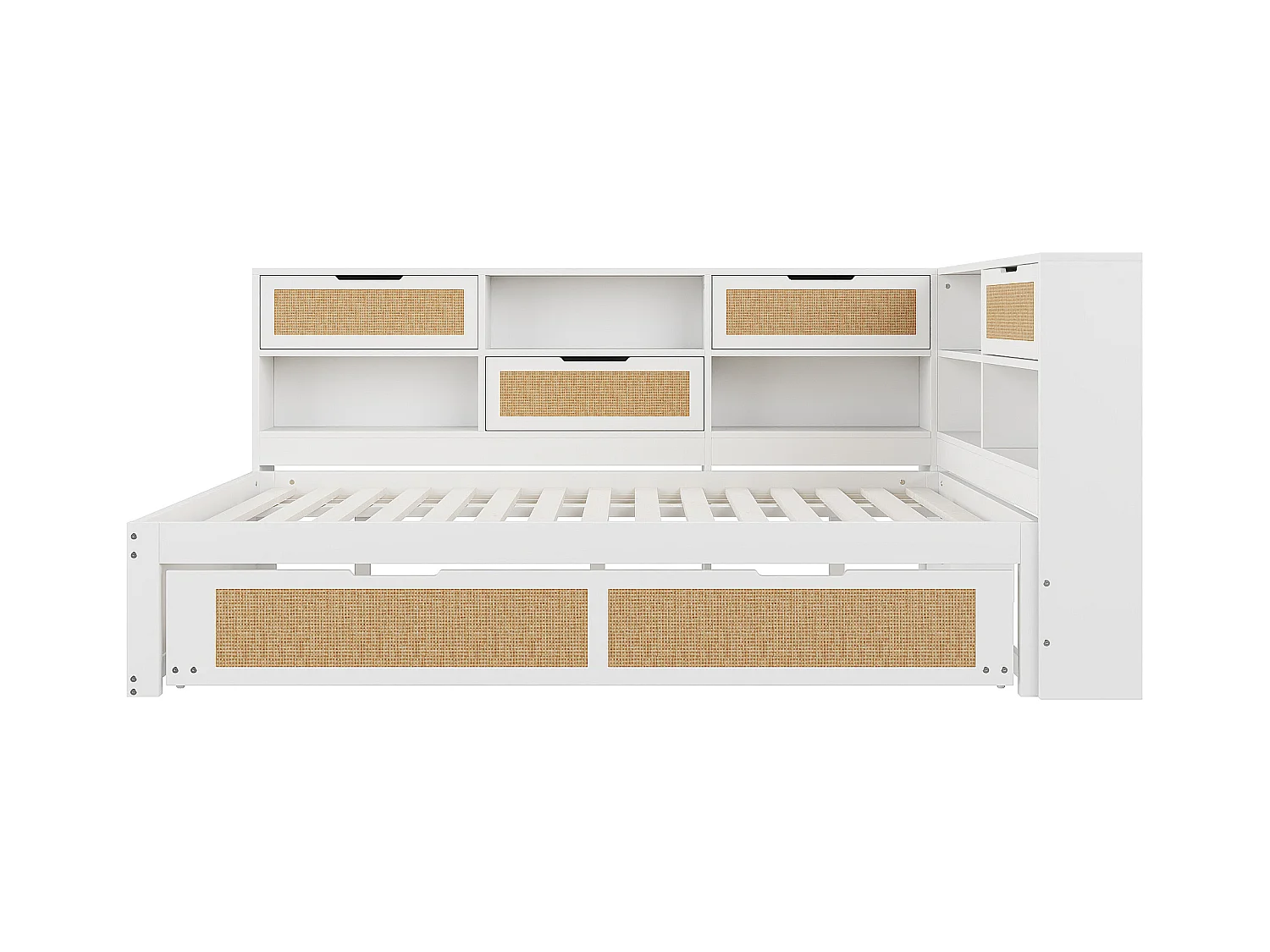 Lit banquette blanc et bois 140x200cm avec lit gigogne 90x190cm , multiples rangements et port de charge (sans matelas)