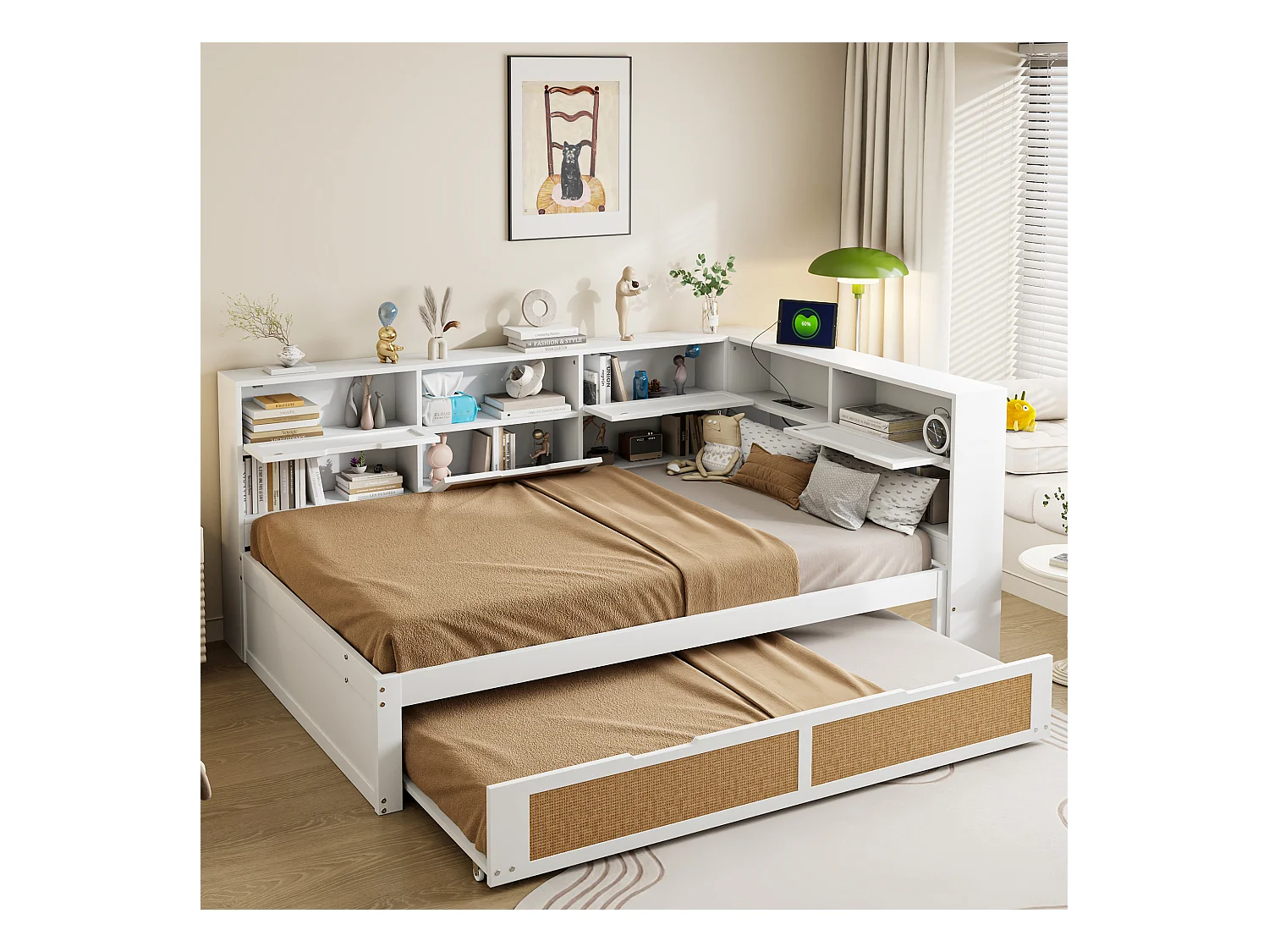 Lit banquette blanc et bois 140x200cm avec lit gigogne 90x190cm , multiples rangements et port de charge (sans matelas)