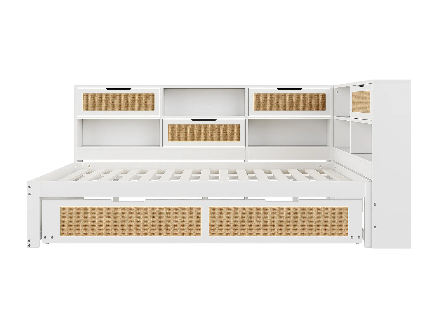 Lit banquette blanc et bois 140x200cm avec lit gigogne 90x190cm , multiples rangements et port de charge (sans matelas)